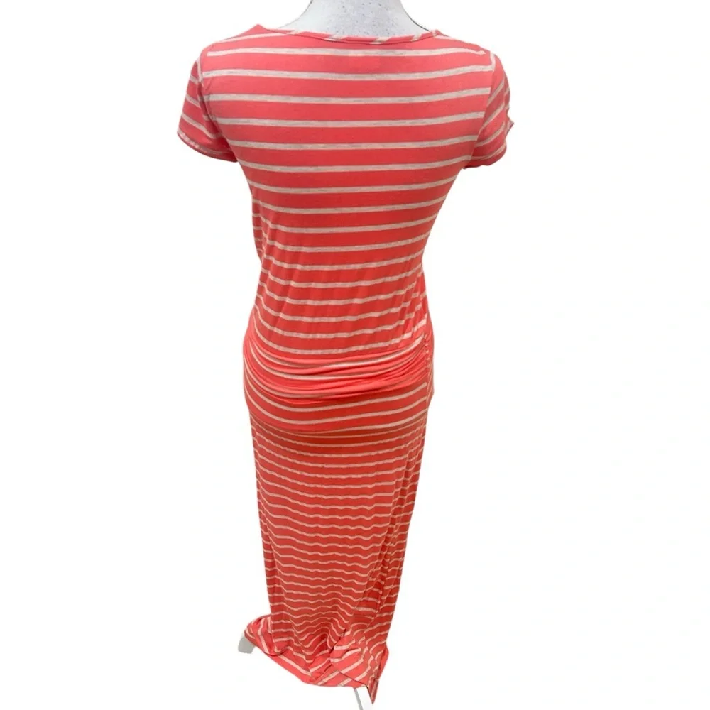 Sady & Lu Coral Striped v neck short sleeve maxi tee Dress ruched waist medium